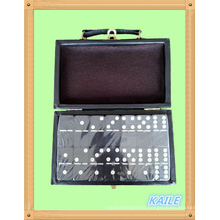 Double six white paint black domino with leather box